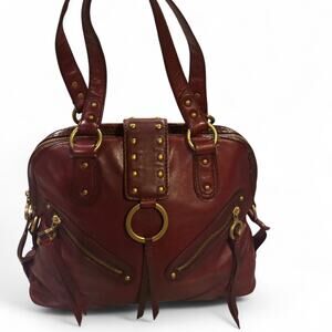 Via Spiga Deep Red/Burgundy Leather Satchel Bag with Brass Studs & O-Ring